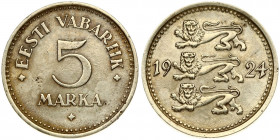 Estonia 5 Marka 1924 Obverse: Three leopards left divide date. Reverse: Denomination. Edge Description: Milled. Nickel-Bronze. KM 3a