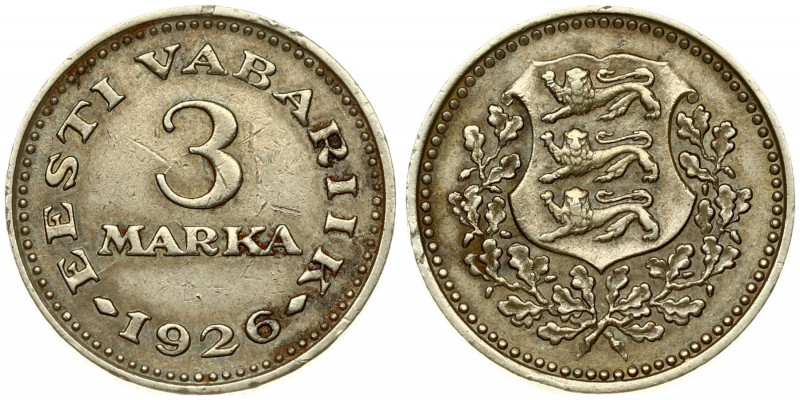 Estonia 3 Marka 1926 Obverse: National arms within wreath. Reverse: Denomination...