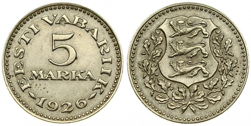 Estonia 5 Marka 1926 Averse: National arms within wreath. Reverse: Denomination ...