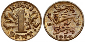 Estonia 1 Sent 1929. Obverse: Three leopards left above date. Reverse: Denomination oak leaves in background. Edge Description: Plain. Bronze. KM 10