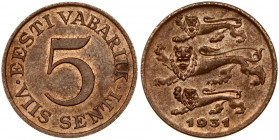 Estonia 5 Senti 1931 Obverse: Three leopards left above date. Reverse: Denomination. Edge Description: Plain. Bronze. KM 11