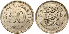 Estonia 50 Senti 1936 Obverse: National arms divide date. Reverse: Denomination. Edge Description: Plain. Nickel-Bronze. KM 18