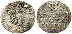 Latvia 3 Groszy 1583 Riga. Stefan Batory (1576–1586). Obverse: Crowned bust right. Reverse: Value and coat of arms over the city sign. Silver. Hole in...