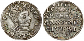 Latvia 3 Groszy 1584 Riga. Stefan Batory (1576–1586). Obverse: Crowned bust right. Reverse: Value and coat of arms over the city sign. Silver. Iger R....