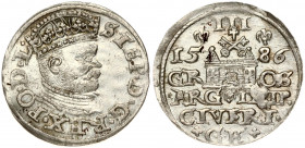 Latvia 3 Groszy 1586 Riga. Stefan Batory (1576–1586). Obverse: Crowned bust right. Reverse: Value and coat of arms over the city sign. (Without a dot ...
