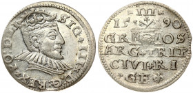 Latvia 3 Groszy 1590 Riga. Sigismund III Vasa(1587-1632). Obverse: Crowned bust right. Reverse: Value and coat of arms over the city sign. Silver. Ige...