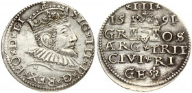 Latvia 3 Groszy 1591 Riga. Sigismund III Vasa(1587-1632). Obverse: Crowned bust right. Reverse: Value and coat of arms over the city sign. Silver. Ige...
