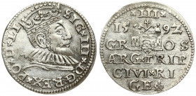 Latvia 3 Groszy 1592 Riga. Sigismund III Vasa(1587-1632). Averse: Crowned bust right. Reverse: Value and coat of arms over the city sign. Silver. Iger...