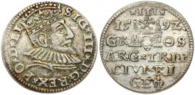 Latvia 3 Groszy 1592 Riga. Sigismund III Vasa(1587-1632). Obverse: Crowned bust right. Reverse: Value and coat of arms over the city sign. Silver. Ige...