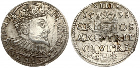 Latvia 3 Groszy 1598 Riga. Sigismund III Vasa(1587-1632). Obverse: Crowned bust right. Reverse: Value and coat of arms over the city sign. Silver. Ige...