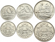Latvia 10 - 50 Santimu 1922 Obverse: Arms with supporters. Reverse: Value and date within wreath. Nickel. Silver. KM 4- 6. Lot of 3 Coins