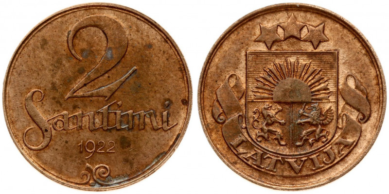 Latvia 2 Santimi 1922 Without mint name below ribbon. Obverse: National arms abo...