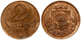 Latvia 2 Santimi 1922 Without mint name below ribbon. Obverse: National arms above ribbon. Reverse: Value and date. Edge Description: Plain. Bronze. K...