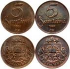 Latvia 5 Santimi 1922 Mint name below ribbon. Obverse: National arms above ribbon. Reverse: Value and date. Bronze. KM 3. Lot of 2 Coins