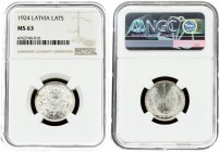 Latvia 1 Lats 1924. Obverse: Arms with supporters. Reverse: Value and date within wreath. Edge Description: Milled. Silver. KM 7. NGC MS 63