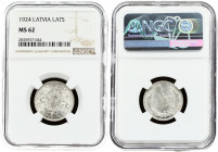 Latvia 1 Lats 1924 Obverse: Arms with supporters. Reverse: Value and date within wreath. Edge Description: Milled. Silver. KM 7. NGC MS 62