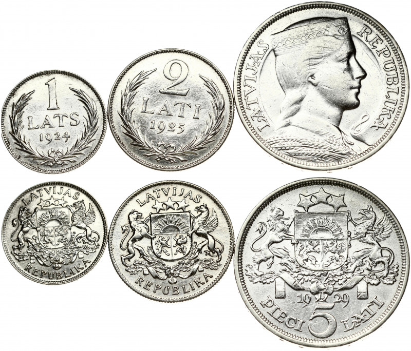 Latvia 1-5 Lati (1924-1929). Obverse: Crowned head right. Reverse: Arms with sup...