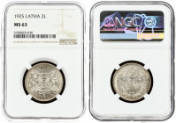 Latvia 2 Lati 1925 Obverse: Arms with supporters. Reverse: Value and date within wreath. Edge Description: Milled. Silver. KM 8. NGC MS 63