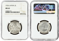 Latvia 2 Lati 1926 Obverse: Arms with supporters. Reverse: Value and date within wreath. Edge Description: Milled. Silver. KM 8. NGC MS 63