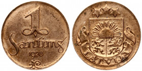 Latvia 1 Santims 1928 Mint name below ribbon. Obverse: National arms above ribbon. Reverse: Value and date. Edge Description: Plain. Bronze. KM 1
