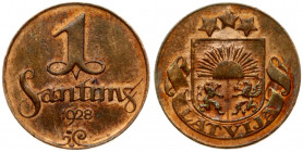Latvia 1 Santims 1928. Obverse: National arms above ribbon. Reverse: Value and date. Edge Description: Plain. Bronze. KM 1