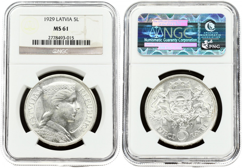 Latvia 5 Lati 1929. Obverse: Crowned head right. Reverse: Arms with supporters a...