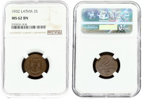 Latvia 2 Santimi 1932 Obverse: National arms above ribbon. Reverse: Value and date. Edge Description: Plain. Bronze. KM 2. NGC MS 62 BN