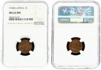Latvia 1 Santims 1938 Obverse: National arms above sprigs. Reverse: Value flanked by sprigs above date. Edge Description: Plain. Bronze. KM 10 NGC MS ...