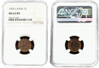 Latvia 1 Santims 1939 Obverse: National arms above sprigs. Reverse: Value flanked by sprigs above date. Edge Description: Plain. Bronze. KM 10 NGC MS ...