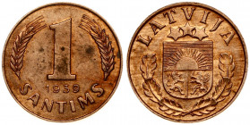 Latvia 1 Santims 1939 Obverse: National arms above sprigs. Reverse: Value divides sprigs above date. Edge Description: Plain. Bronze. KM 10