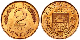 Latvia 2 Santimi 1939 RD (RED) Obverse: National arms above sprigs. Reverse: Value flanked by sprigs above date. Edge Description: Plain. Bronze. KM 1...