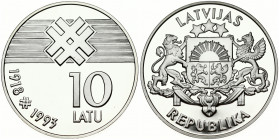 Latvia 10 Latu 1993 75th Anniversary - Declaration of Independence. Obverse: Arms with supporters. Reverse: Artistic lines and design above value and ...