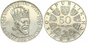 Austria 50 Schilling 1965 600th Anniversary - Vienna University. Obverse: Value within circle of shields. Reverse: Crowned head; 3/4 right. Edge Descr...