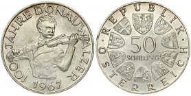 Austria 50 Schilling 1967 Centennial of the Blue Danube Waltz. Obverse: Value within circle of shields. Reverse: Johann Strauss the Younger; playing t...