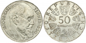Austria 50 Schilling 1970 100th Anniversary - Birth of Dr Karl Renner president. Obverse: Value within circle of shields. Reverse: Head of Dr. Karl Re...