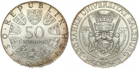 Austria 50 Schilling 350th Anniversary - Salzburg University. Obverse: Value within circle of shields. Reverse: Great seal of the University within ci...