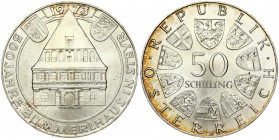 Austria 50 Schilling 1973 500th Anniversary - Bummerl House. Obverse: Value within circle of shields. Reverse: Bummerl House within circle; two shield...