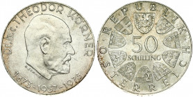 Austria 50 Schilling 1973 100th Anniversary of birth of Dr Thedor Koerner. Obverse: Value within circle of shields. Reverse: Head of Dr. Theodor Korne...