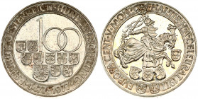 Austria 100 Schilling 1977 500th Anniversary of the Hall Mint. Obverse: Value and the coats of arms of the Austrian regions. Lettering: 100 REPUBLIK O...