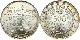 Austria 500 Schilling 1980 Millennium of Steyr. Obverse: Value within circle of shields. Reverse: City of Steyr. Edge Description: Raised lettering. S...