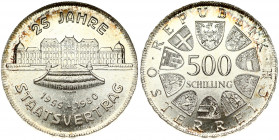 Austria 500 Schilling 1980 25th Anniversary - State Treaty. Obverse: Value within circle of shields. Reverse: Belvedere Castle; two dates below. Edge ...
