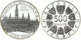 Austria 500 Schilling 1983 Centennial - Vienna City Hall. Obverse: Value within circle of shields (on top Austria; and around the 9 federal states). L...