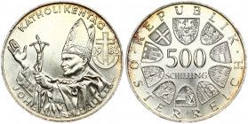Austria 500 Schilling 1983 Catholic Day - Pope's Visit. Obverse: Value within circle of shields. Reverse: Pope Johannes Paul II; left; arms raised; cr...