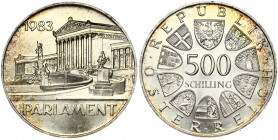 Austria 500 Schilling 1983 Centennial - Parliament Building. Obverse: Value within circle of shields. Reverse: Parliament Building, date upper left. E...