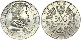 Austria 500 Schilling 1985 400th Anniversary - Graz University. Obverse: Value within circle of shields. Reverse: Bust of Archduke with ruffled collar...