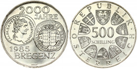 Austria 500 Schilling 1985 2000th Anniversary - Bregenz. Obverse: Value within circle of shields. Reverse: Two coins on coin; left one with laureate h...