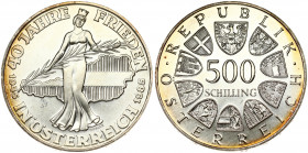 Austria 500 Schilling 1985 Peace in Austria 40th Anniversary. Obverse: Value within circle of shields. Reverse: Woman standing in front of Austrian ma...