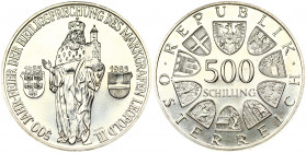 Austria 500 Schilling 1985 500th Anniversary - Canonization of Leopold III. Obverse: Value within circle of shields. Reverse: Crowned standing figure ...