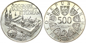 Austria 500 Schilling 1986 300th Anniversary - St Florian's Abbey. Obverse: Value within circle of shields. Reverse: St. Florian's Abbey; two dates be...