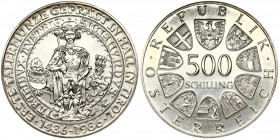 Austria 500 Schilling 1986 500th Anniversary - First Thaler Coin Struck at Hall Mint. Obverse: Value within circle of shields. Reverse: Crowned figure...